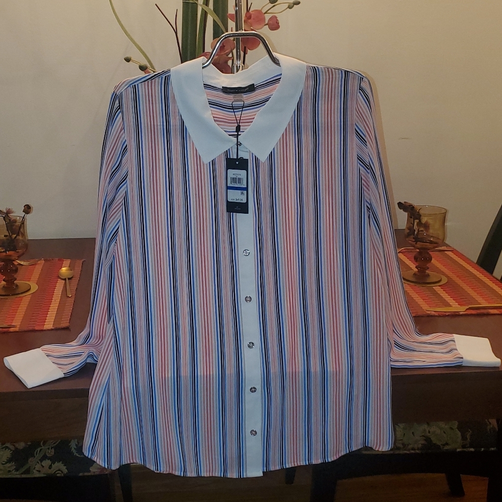 Striped Button Up Shirt With White Piping, Collar and Wrist Band
